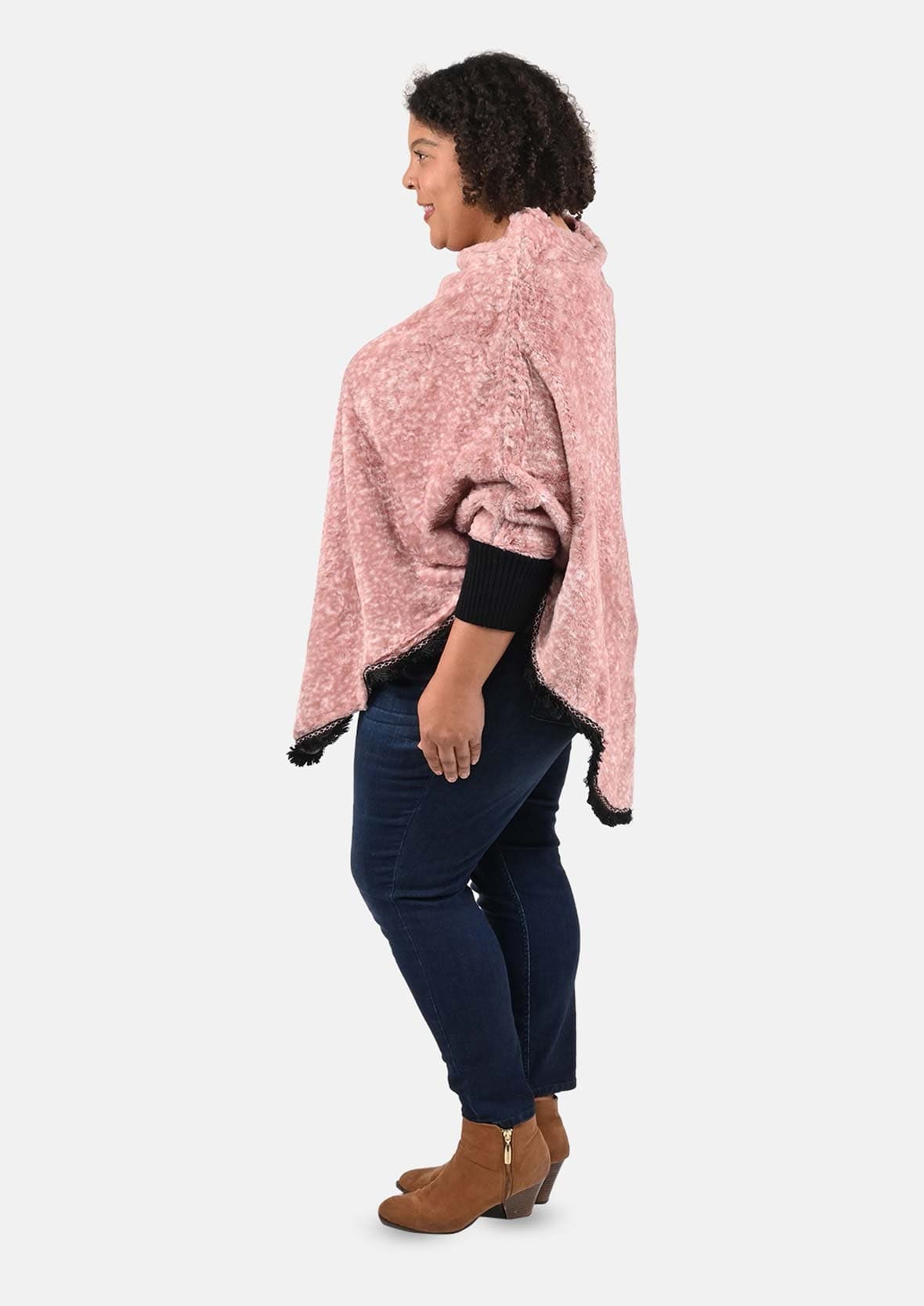 Faux-Fur Poncho With Lace Border
