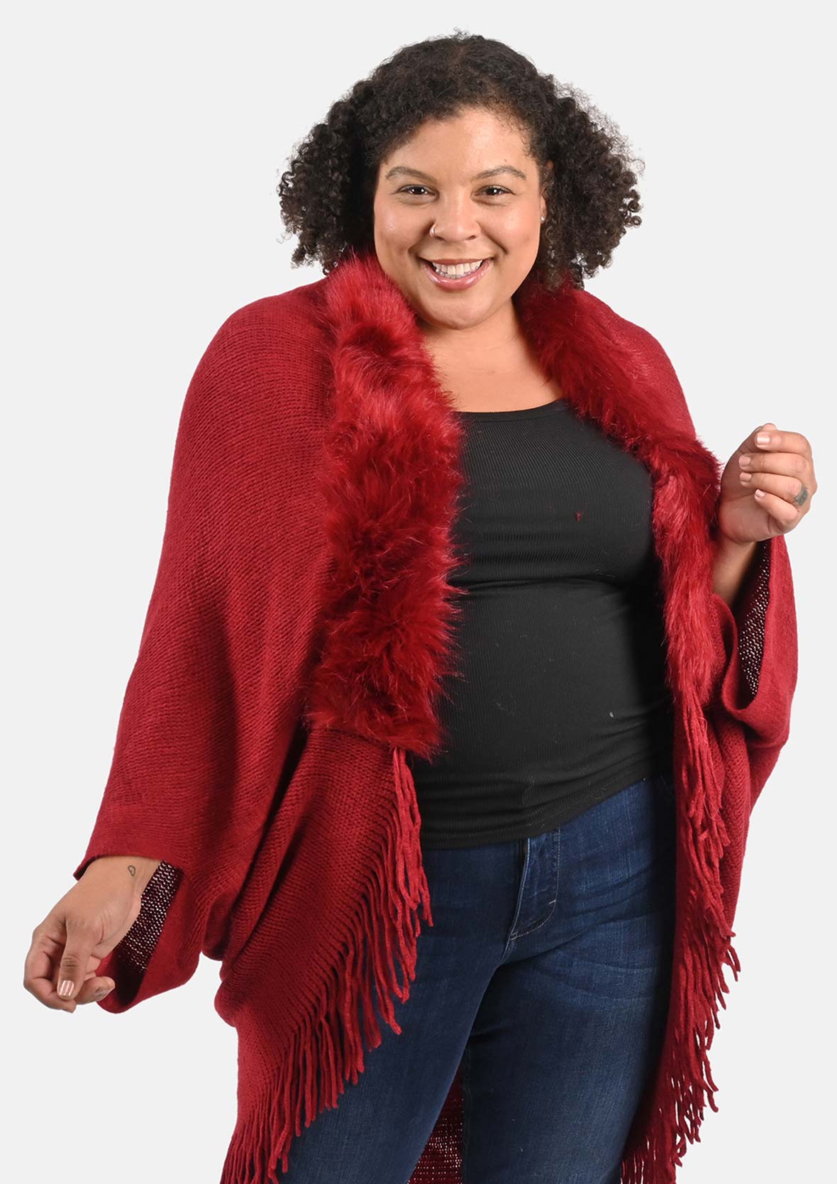 front look of luxe faux fur trimmed burgundy kimono #color_Trendy Burgundy