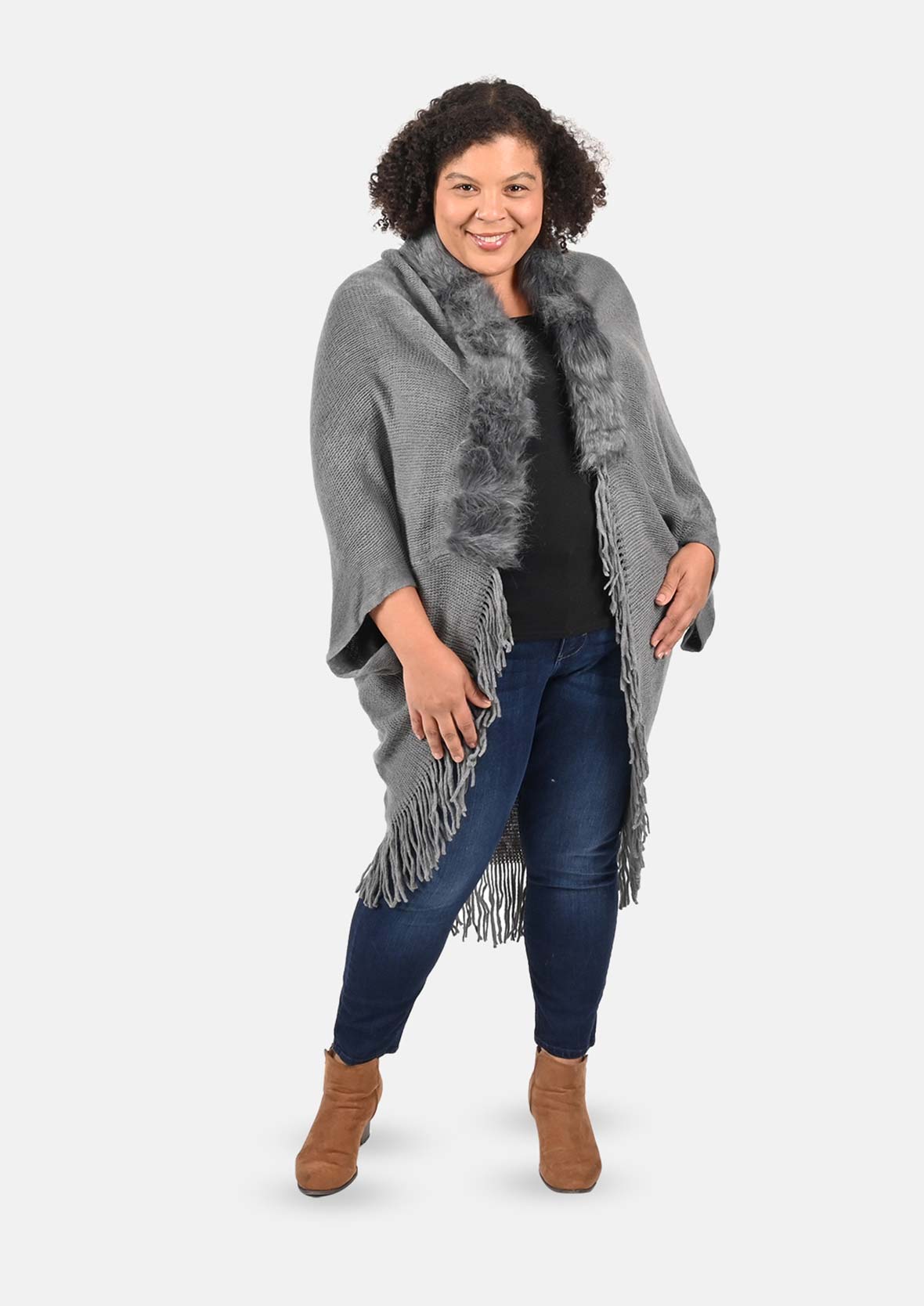 luxe faux fur trimmed charcoal kimono #color_Charcoal