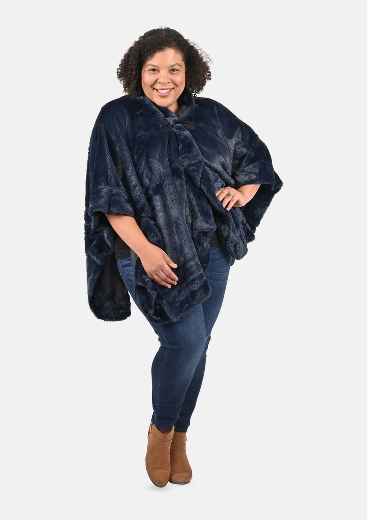 faux fur navy ruana with toggle button #color_Navy