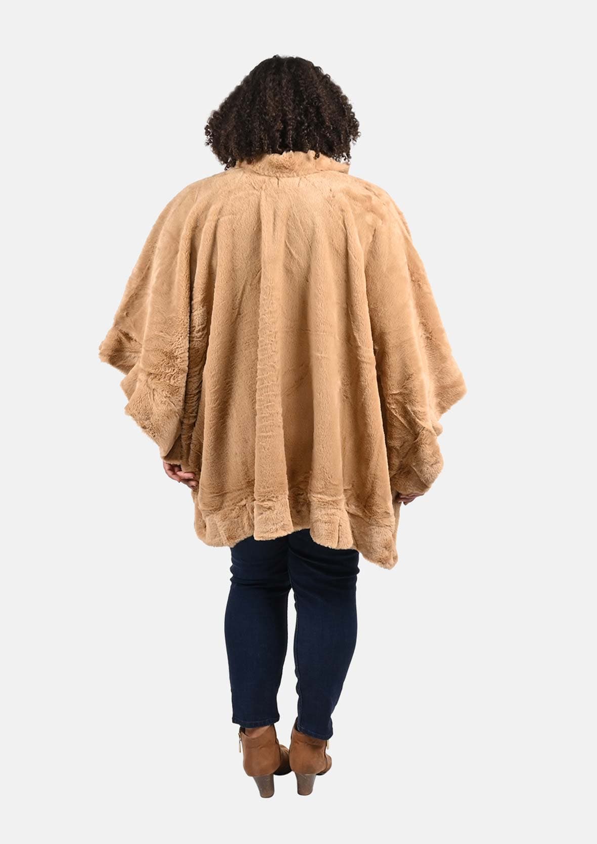 back side of faux fur beige ruana with toggle button #color_Beige Tan
