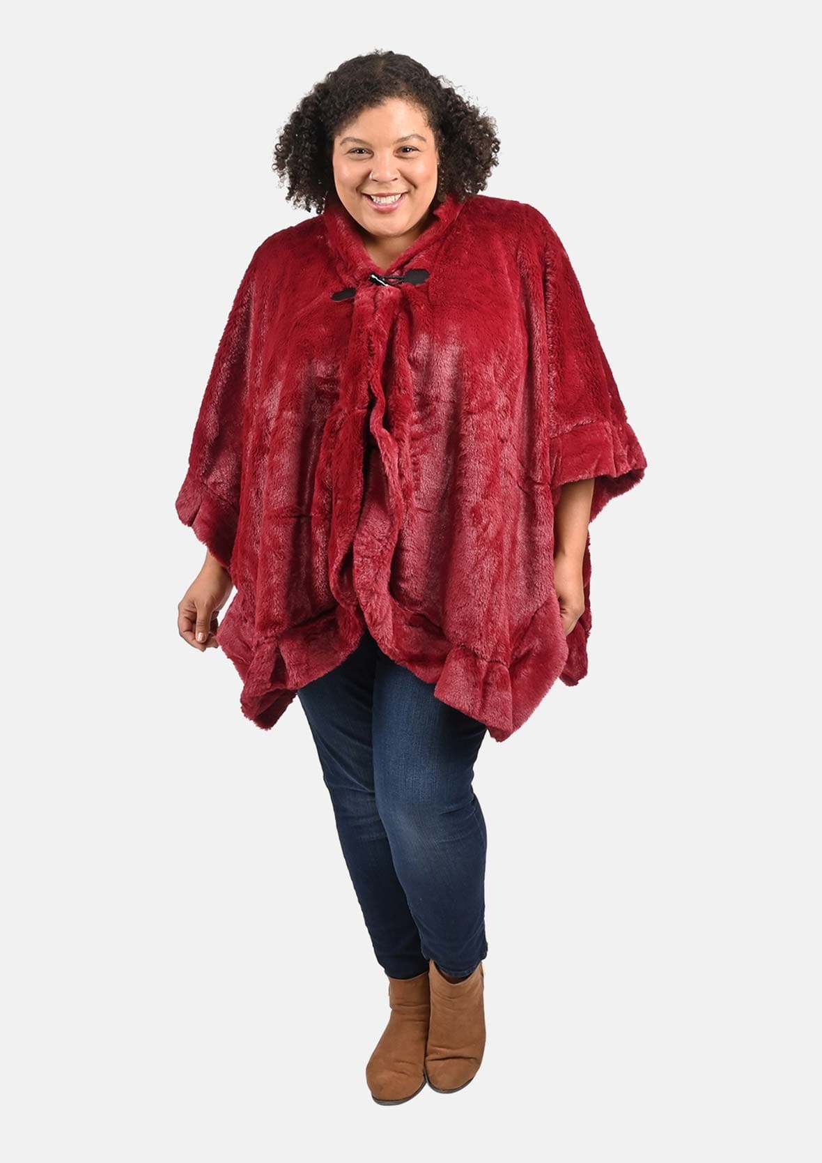 faux fur cranberry ruana with toggle button #color_Cranberry