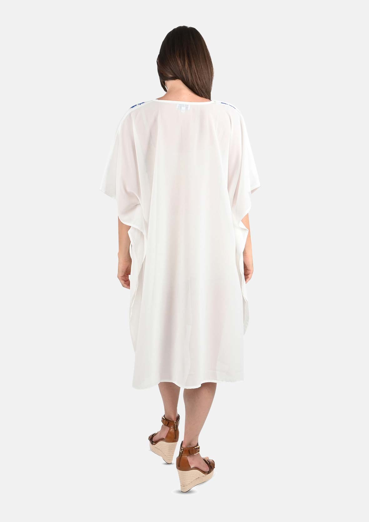 back side of embroidered neck white cover up #color_White Embroidered