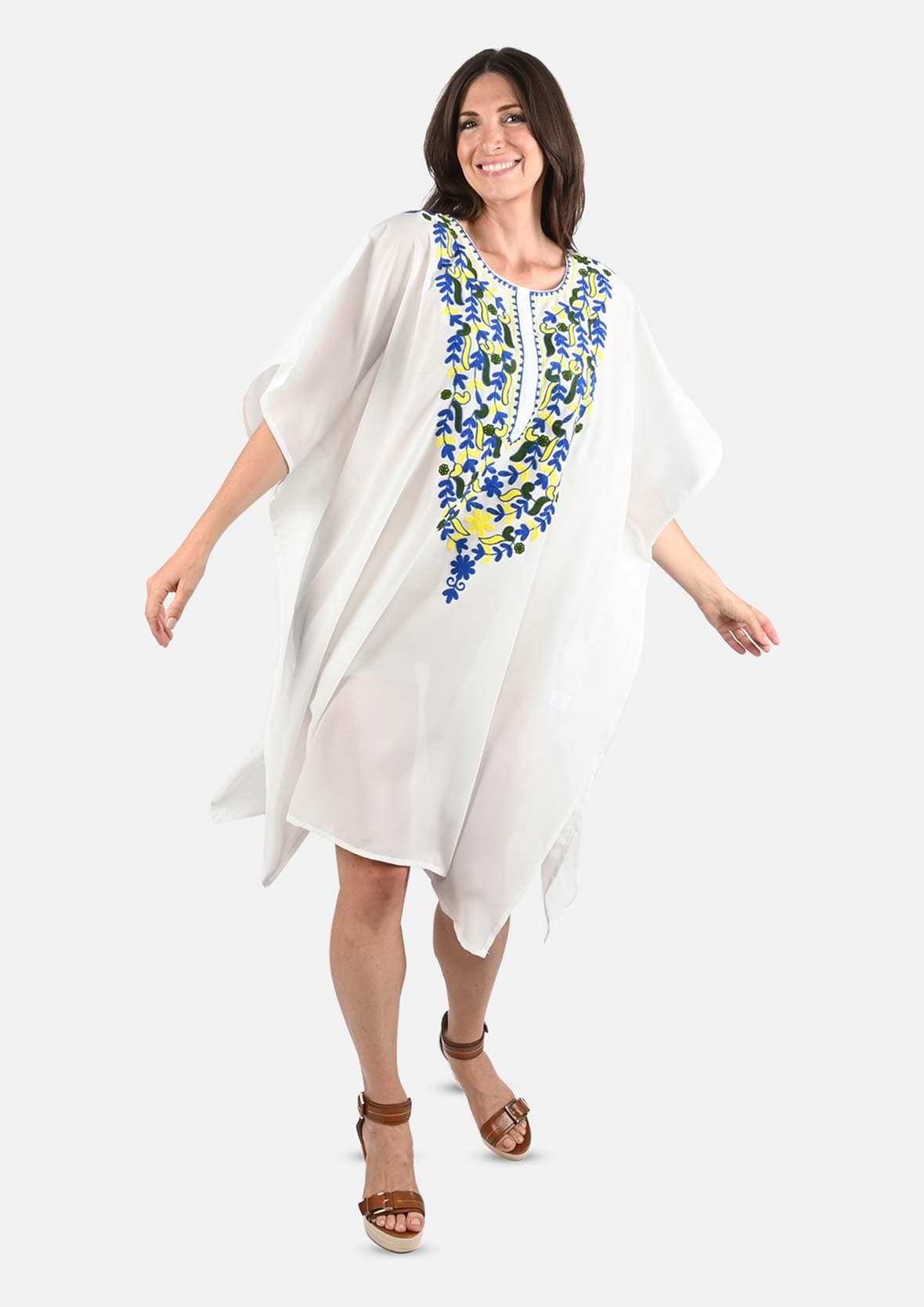 embroidered neck white cover up #color_White Embroidered