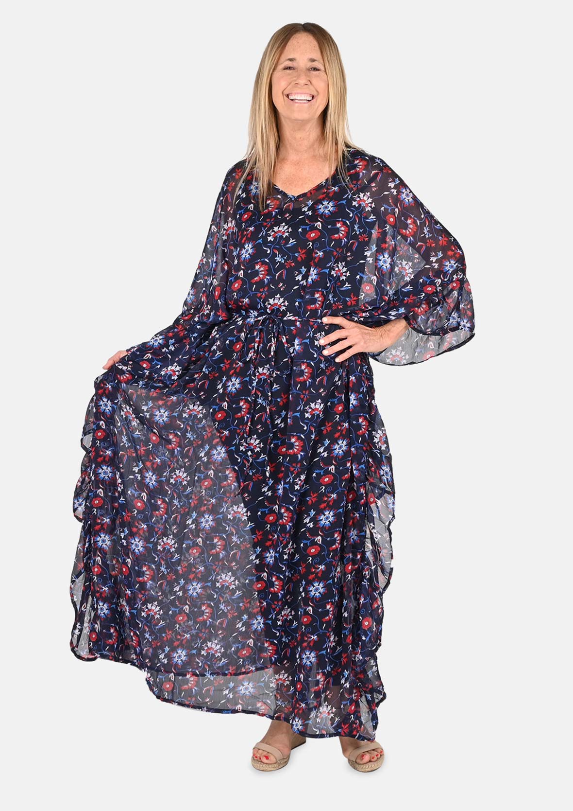 ruffle navy cover-up with waist tie #color_Navy Red Floral