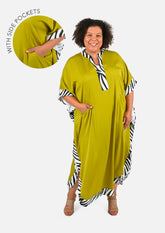 leopard trimmed green long kaftan with pockets #color_Green with zebra stripes