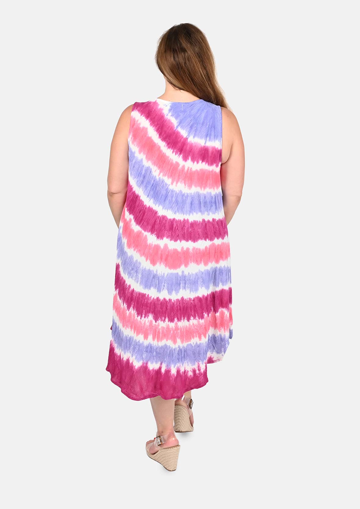 back side of striped tie-dye peach pink umbrella dress #color_Purple Peach Pink