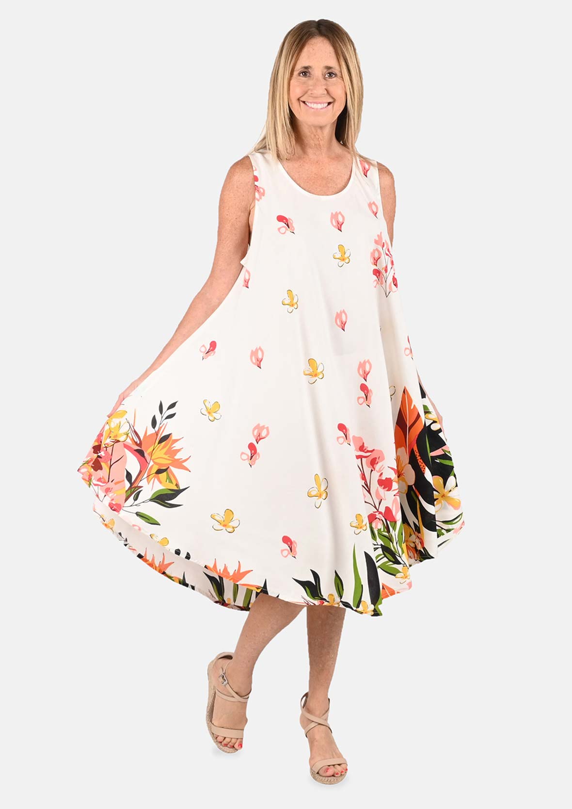 floral screen print sleeveless white umbrella dress #color_White Floral Screen Print