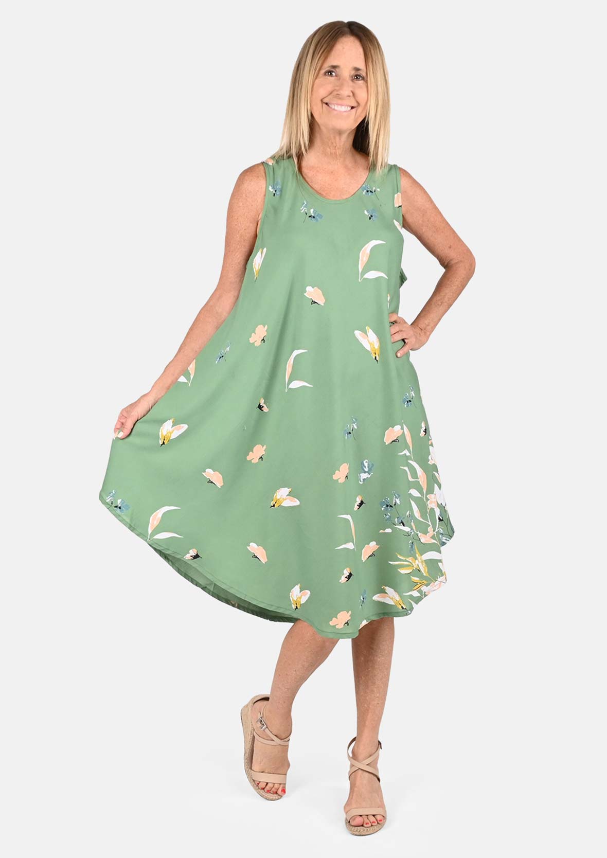 floral screen print sleeveless olive umbrella dress #color_Olive Floral Screen Print