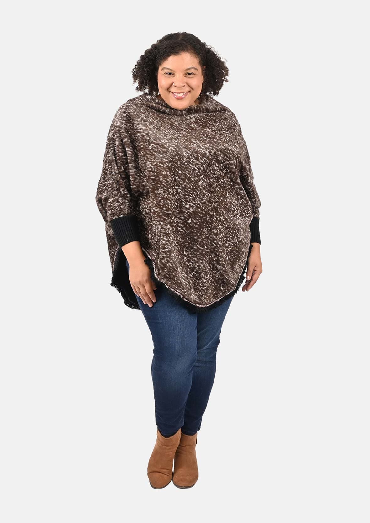 faux fur brown poncho with lace border #color_Brown Textured