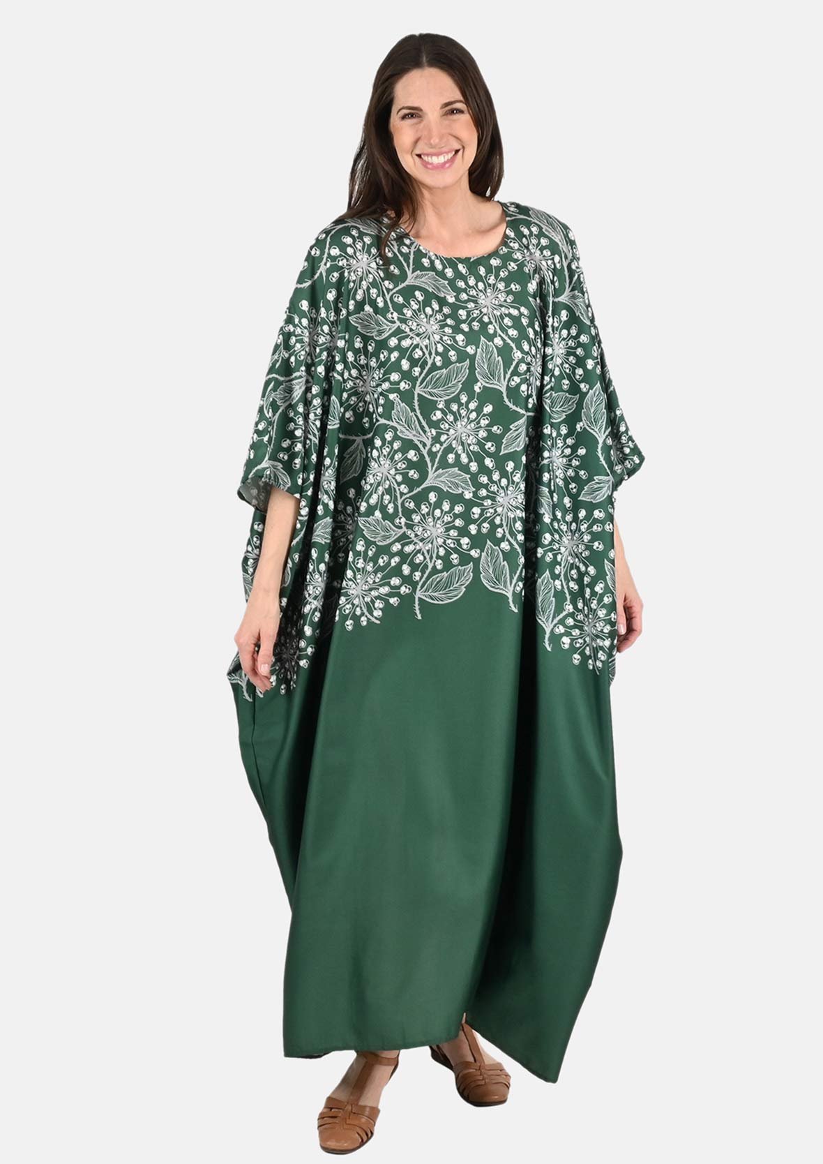 botanical green maxi kaftan #color_Green With White Leafy