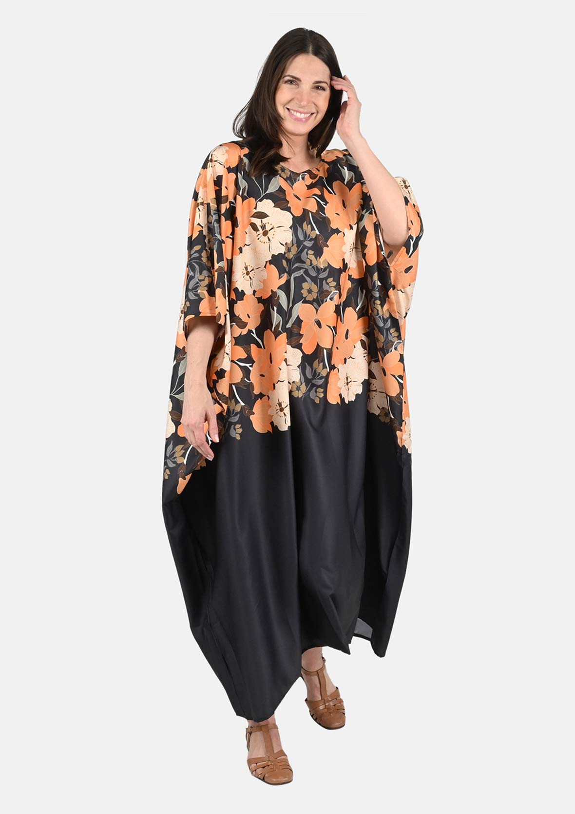botanical black maxi kaftan dress #color_Black Orange Floral