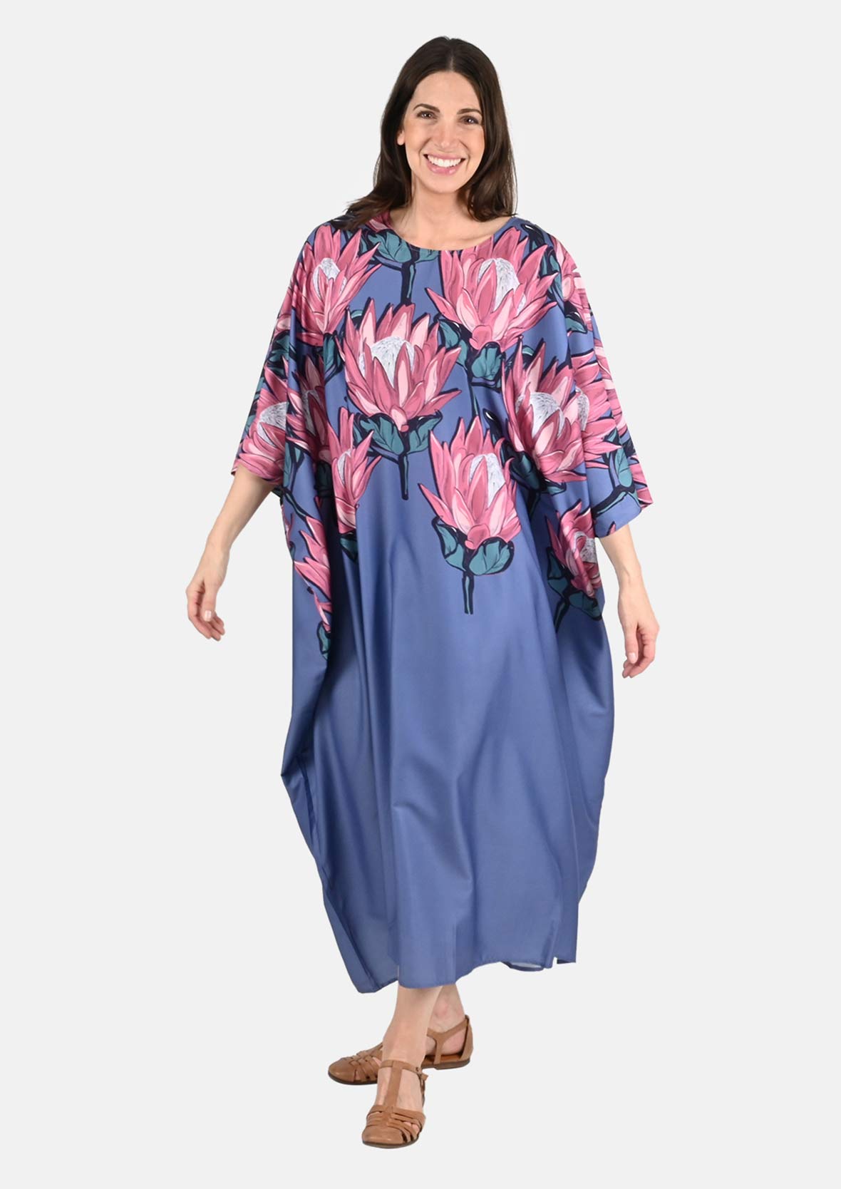 botanical blue maxi kaftan dress #color_Blue With Pink Floral