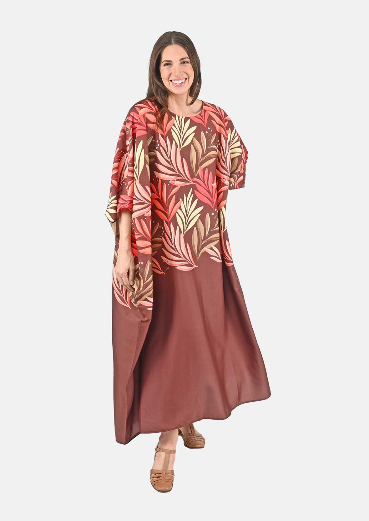 botanical brown maxi kaftan dress #color_Brown With Leafy Print