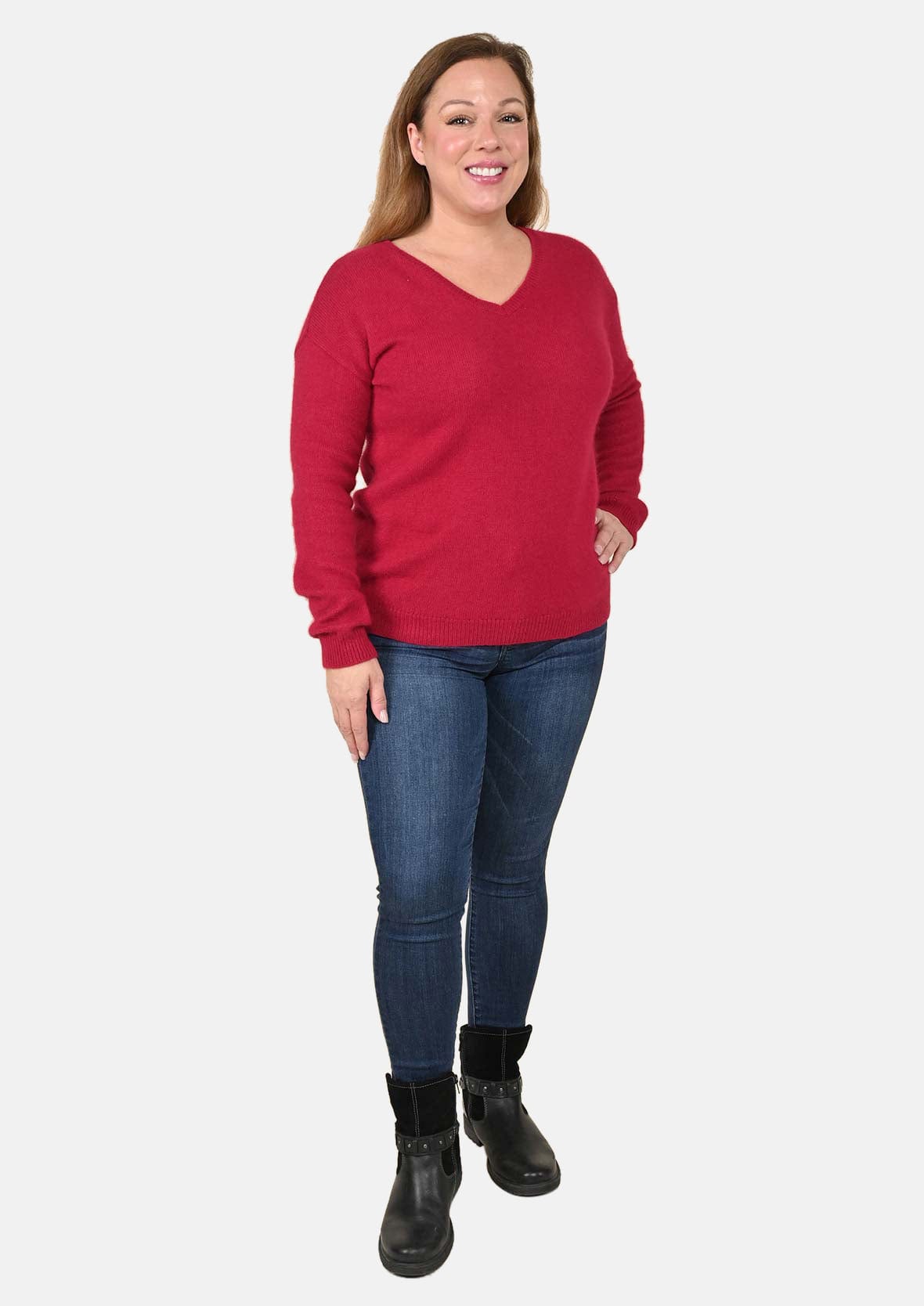 long sleeved v-neck red sweater #color_Rufous Red