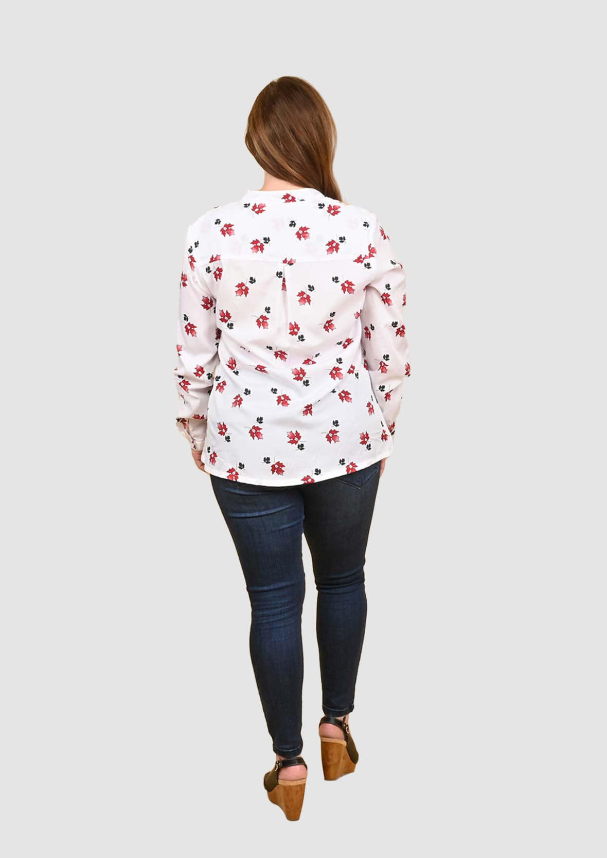 back side of button-up floral print white top #color_White Red Floral