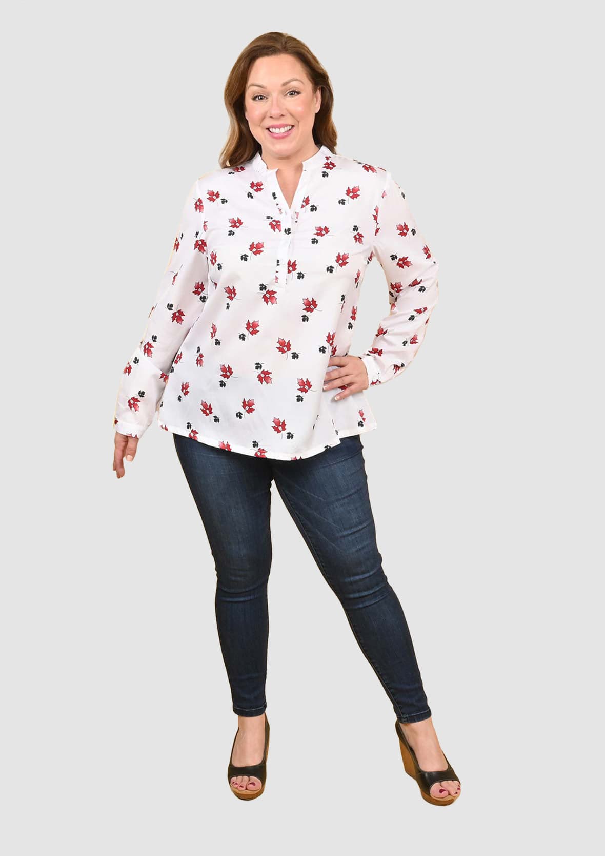 button-up floral print white top #color_White Red Floral