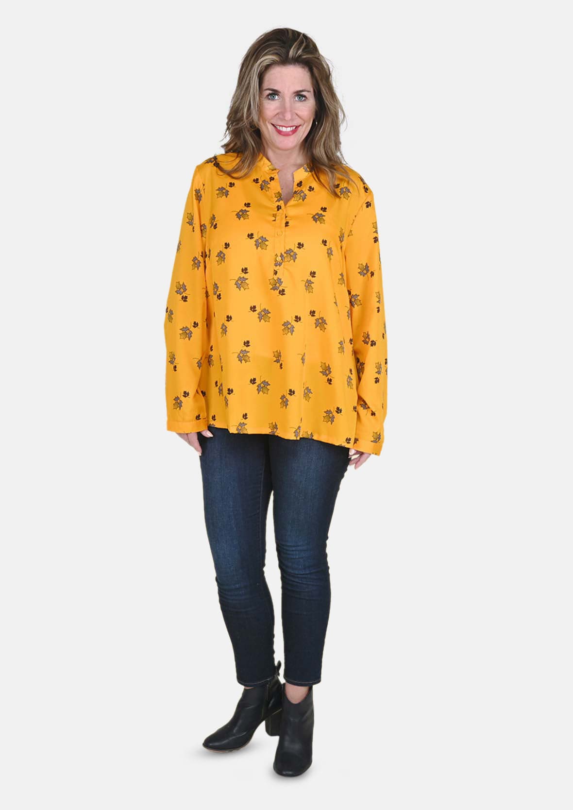 button-up floral print mustard top #color_Mustard Floral