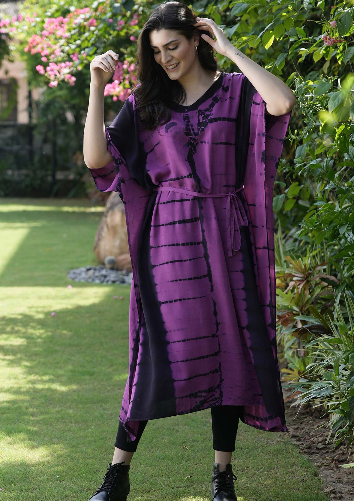 lady wearing tie-dye print purple midi kaftan #color_Purple Tie-Dye