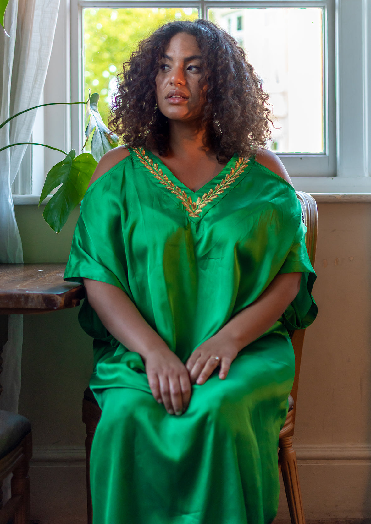 lady wearing embroidered neck cold shoulder jade green kaftan #color_Jade Green