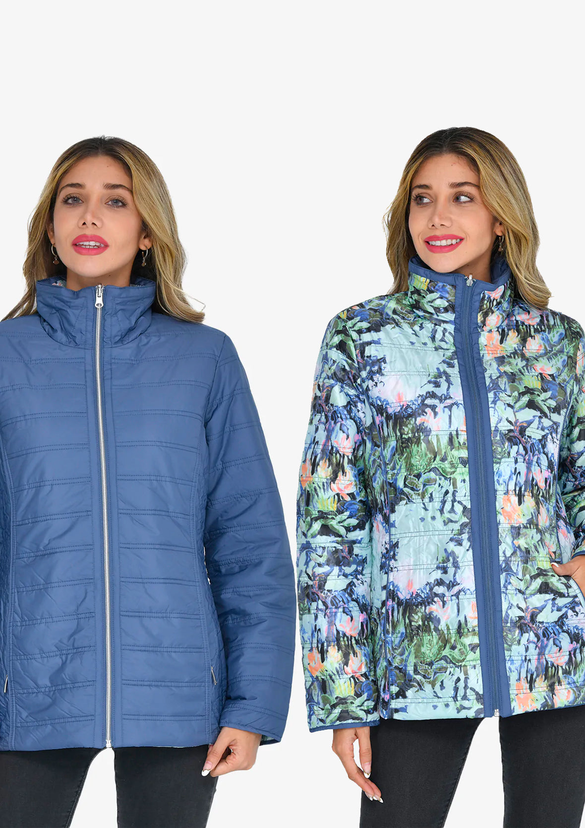 inner and outer side of reversible flower patter padded french blue jacket #color_French Blue